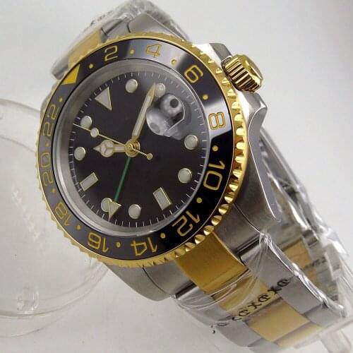 40MM Sterile Dial Sapphire Glass Ceramic Bezel Date Yellow Gold Plated Glass Case Back GMT Automatic Mens Wristwatch