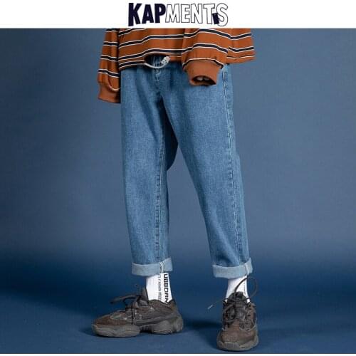 KAPMENTS Men Korean Baggy Jeans 2020 Mens Fashions Streetwear High Waist Blue Straight Denim Pants Loose Harem Pants Plus Size