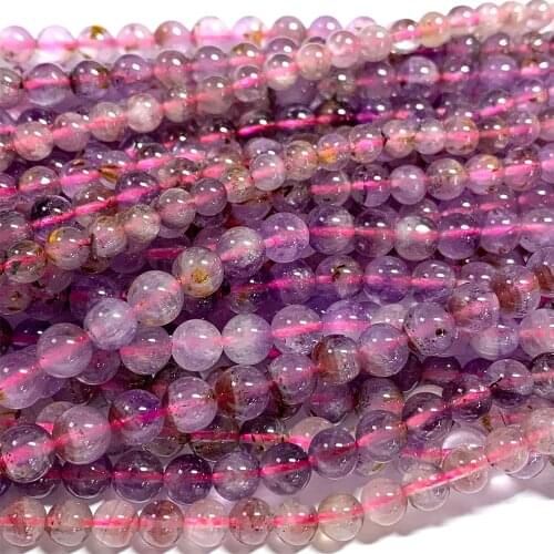 Veemake Natural Genuine Purple Red Yellow Cacoxenite Round Loose Gemstone Beads For Jewelry Making DIY Necklaces Bracelets 07048