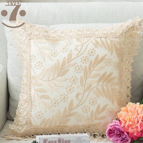 High Quality Creative Gold Color Embroidered Organza LEAVES 45x45cm Square Home Decorative Pillow Cover With Elegant Lace Border