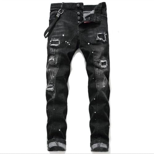 New Mens Skinny Jeans With Ripped Holes And elastic Paint Spray Black Stitching Beggar Pants men designer jeans for men