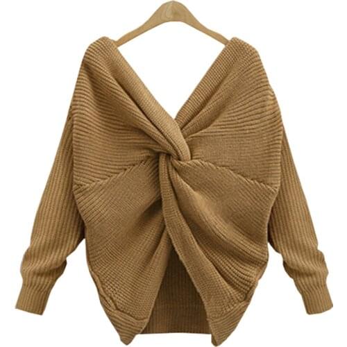 2017 Autumn V Collar Exposed Back Sweater Female Back Cross Loose Sweaters European Station Women Pullovers Vestidos MMY69198