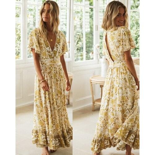 Hirigin Dresses Woman Summer Undefined Sexy Beach Holiday Boho Long Dress Print Short Sleeve Deep-V Maix Dress Robe Vestidos