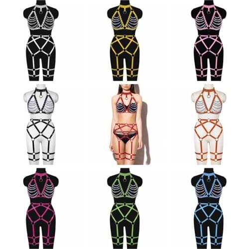 Womens Belt Punk Goth Dance Rave Garters 2pc Newest Lingerie Set Leather Harness Belt Metal Chain Accessories Hollow Bra Corset