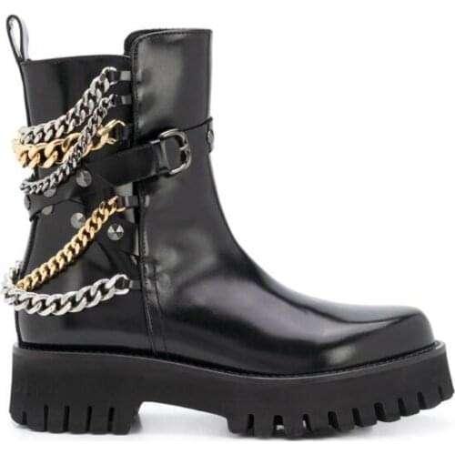 Drop Shipping Woman British Style Metal Sliver Gold Chains Martin Boots Lady Cow Leather Round Toe Thick Sole Outfit Short Boots