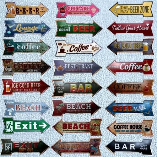 Bar Cafe Tea Shop Indicator Shabby Rusted Retro Metal Tin Sign Pin Up Irregular Arrow Signs Plate Plauqe Print Painting 16x45cm