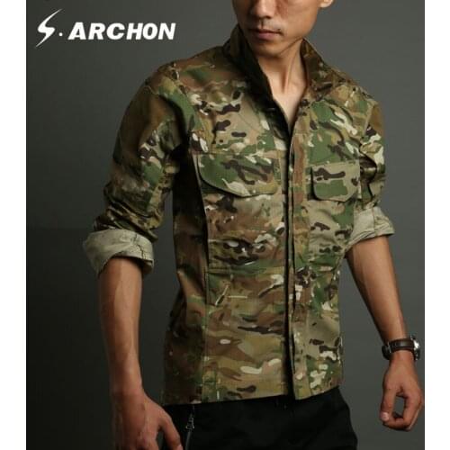 S.archon Summer Army Tactical Shirt Men Long Sleeve Waterproof Breathable Camouflage Military Shirt Pocket Shirt