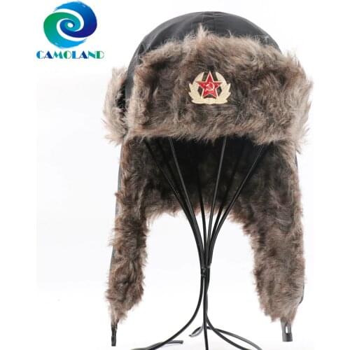 CAMOLAND Military Army Soviet Badge Winter Bomber Hat Women Men Russian Ushanka Hat Faux Fur Earflap Caps Waterproof Snow Cap