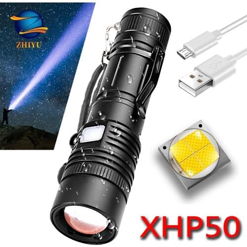 ZHIYU USB Rechargeable LED Flashlight T6/XHP50 Waterproof Zoomable LED Torch 18650 Battery Portable Adjustable Camping Light