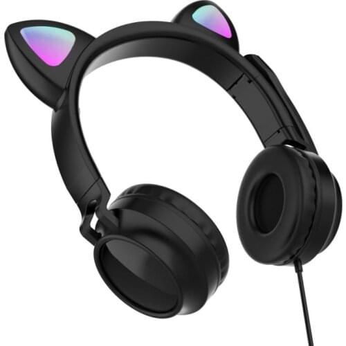 Flash Light Cute Cat Ears Wired Headphone With Mic Can Control LED Kid Girl Stereo Music Helmet Phone Foldable Headset Gift New