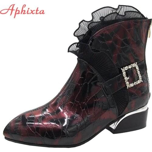 Aphixta 2020 New Fashion Lace Crystals Buckle Ankle Boots Women Snake Print 4cm Square Heels Zip Causal Ladies Footwear Shoes