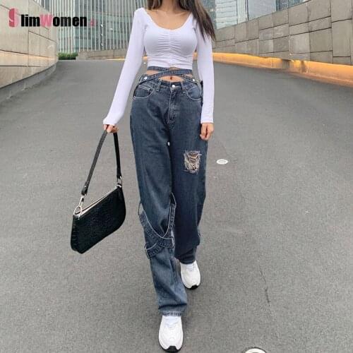 Waist Bandage Womens Jeans High Waist Wide Leg Hollow Out Cargo Jeans Vintage Baggy Y2K Straight Denim Pants Female Streetwear