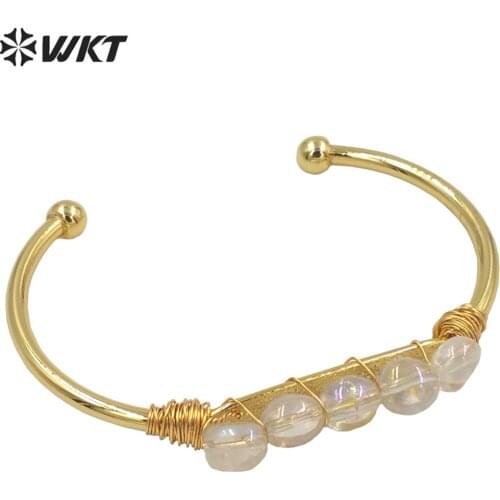 WT-B579 Amazing Women energy Aura angel crystal quartz bangle Vintage boho gold wire wrapped handmade stone open size bangle