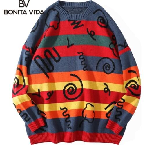 Bonita Vida Color Block Rainbow Stripe Knitted Jumper Sweaters Streetwear Men Hip Hop Harajuku Casual Pullover Knitwear Tops