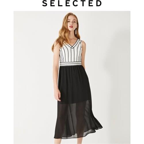 SELECTED Slim Fit V-neckline Chiffon Striped Spliced Umbrella Dress S|41932J528