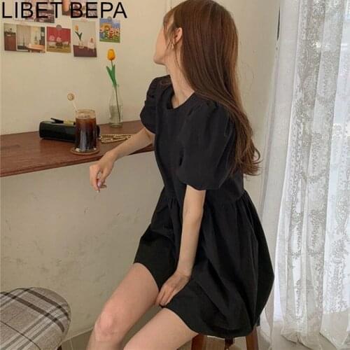 2021 New Womens Summer Dresses Casual Puff Sleeve High Waist Vintage Fashionable Loose Korean Style Draped Mini Dress DR2107