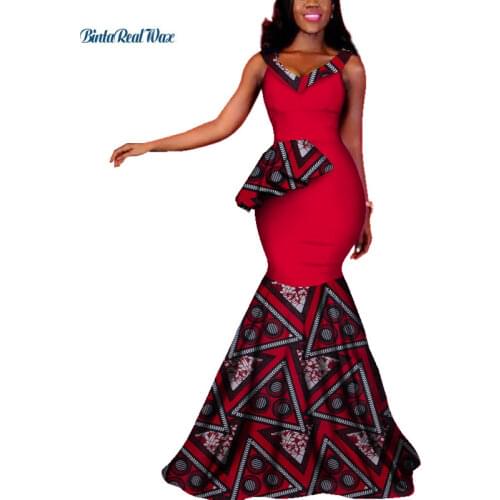 Fashion V-neck Drapes Long Dresses Vestido Bazin Riche African Wax Print Dresses for Women Dashiki African Design Clothing WY290