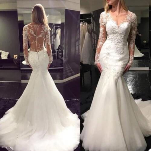 2021 Wedding Dresses V Neck Long SLeeves Lace Appliques Bridal Gowns Custom Made Button Back Sweep Train Mermaid Wedding Dress