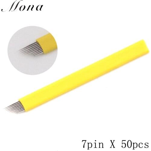50pcs permanent make up eyebrow tattoo manual needles microblading blades 7pin for beauty eyebrow makeup free shipping