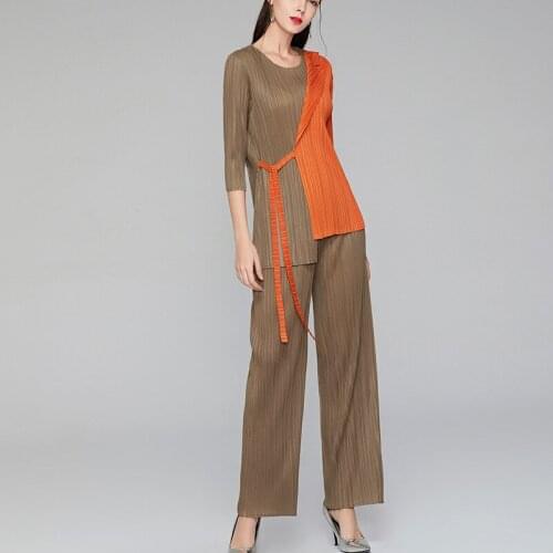 Straight tube pants womens high waist Miyake pleated pocket suit pants single pants loose casual pants pants
