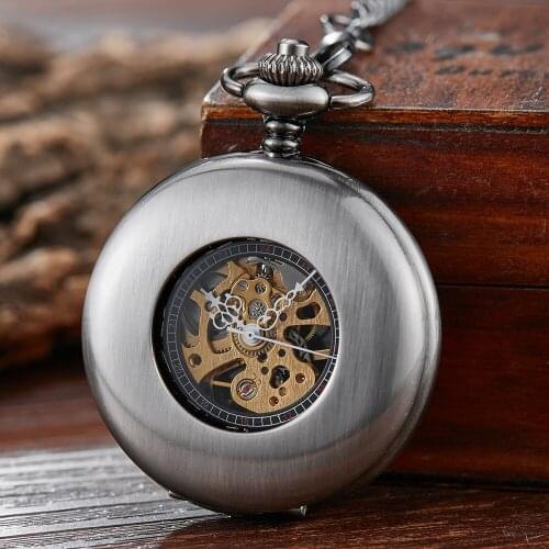 Retro Silver Black Smooth Mechanical Pocket Watch Unique Hand Winding Watch Roman Numerals Dial Fob Chain Pendants Unisex Gifts