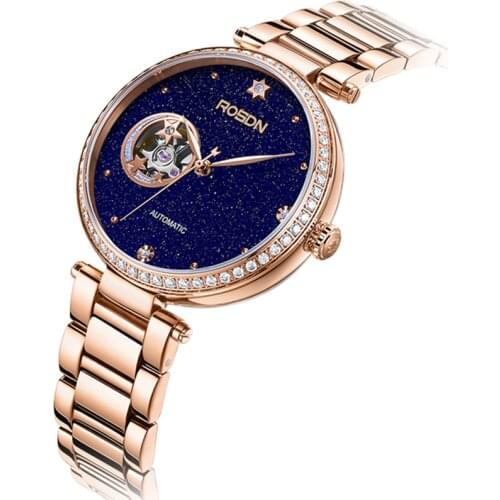 New ROSDN Luxury Brand Import Automatic Mechanical Watch Women Diamond Skeleton Sapphire 50M Waterproof Clock R2645