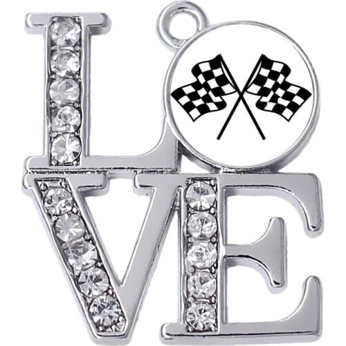 Zinc Alloy Rhodium Plated Clear Crystal Sticker Flag Love Shape Charm pendant Cusotm