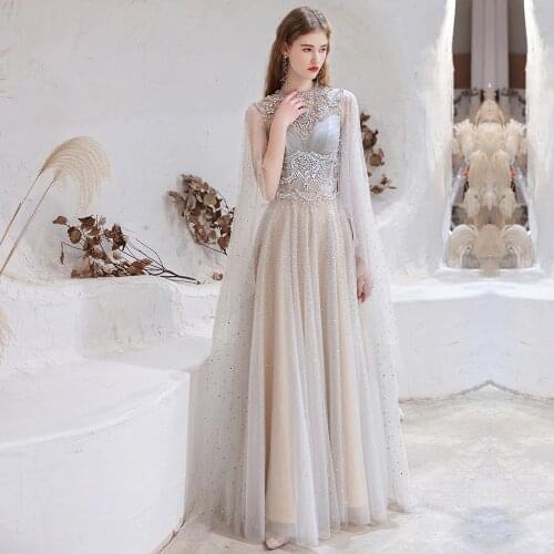 Elegant Evening Dress for Women Long Sleeve Cape Dubai O Neck A-Line Luxury Crystal Handmade Tuttle Arabic Formal Party Gown