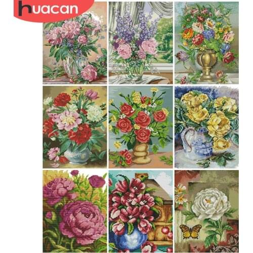 HUACAN Cross Stitch Flower Kits White Canvas DIY Cross-Stitch Flowers 11CT 14CT Embroidery Needlework Sets Home Decoration