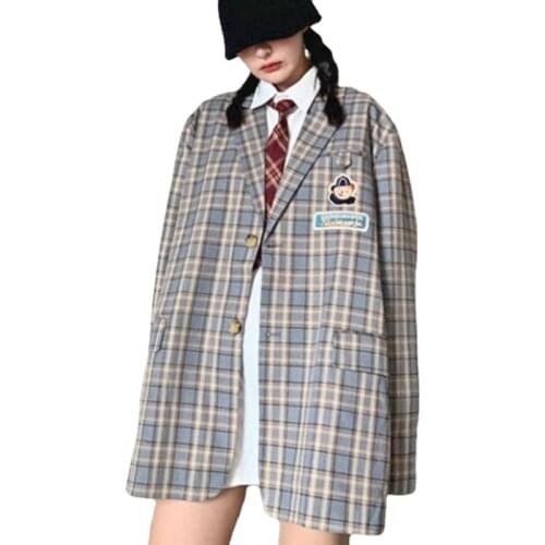 Ins Harajuku Neutral Simple Streetwear Oversized Fashion Women Coat Japanese Ulzzang New Vintage Autumn Bear Plaid Female Jacket