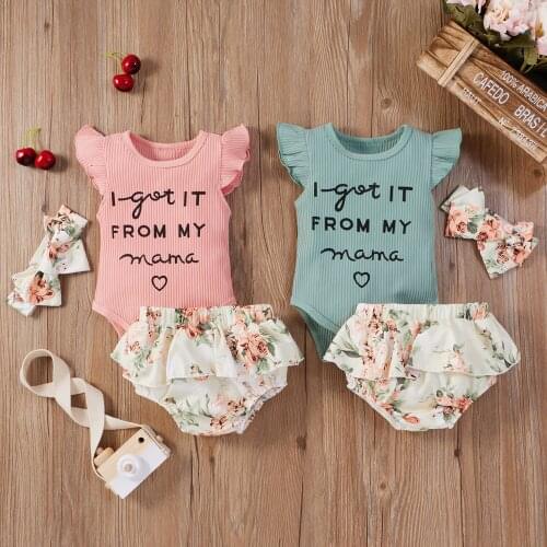Newborn Baby Girls 3pcs Outfit Suits Fly Sleeve Letter Print Romper+Floral Shorts+Headband Infant Set Children Summer Clothes