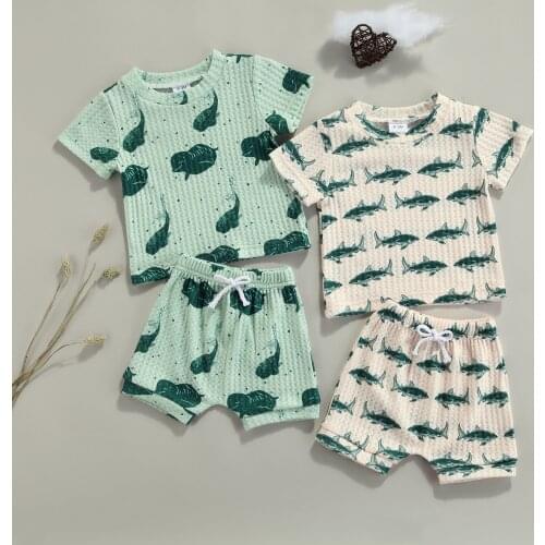 Summer Toddler Baby Boys Clothes Sets Marine life Printed Short Sleeve Cotton T Shirts Tops Drawstring Shorts Casual 2pcs