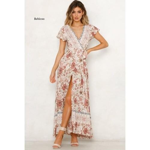 Ladies Summer Sexy Deep V Neck Bohemian Print Split Midi Dress Fashion Short Sleeve Tunic Party Ladies Long Dress