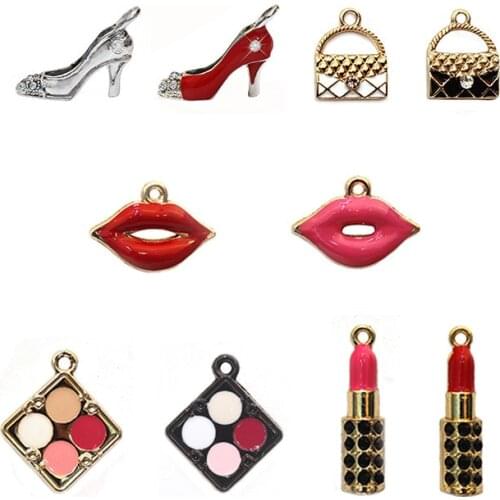 MIX 10pcs/pack Make Up Lipstick Bag Mouth High Shoes Eye Shadow Handmade Craft Metal Charms Earring Keychain DIY Jewelry Making