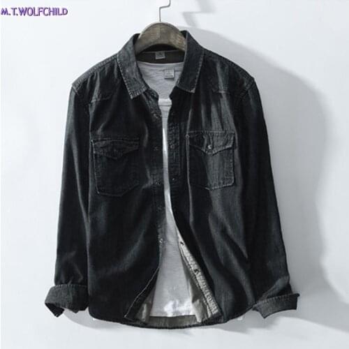 Autumn 2018 New Men Shirt Long Sleeve Male Denim Shirt 100%Cotton Solid color Mens Shirts Casual Slim Fit Men coat black 3XL