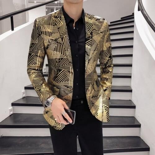 Luxury Gold Stripes Print Masculino Slim Fit Men Blazer Plus Size 5xl Stage Cloth For Dj Singer Chaqueta Hombre