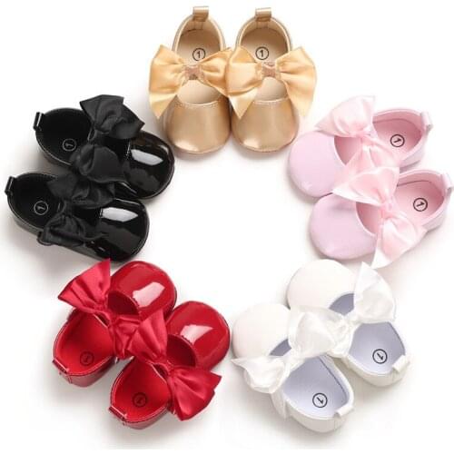 HOT Newborn Baby Girls Shoes PU leather Buckle First Walkers With Bow Red Black Pink White Soft Soled Non-slip Crib Shoes