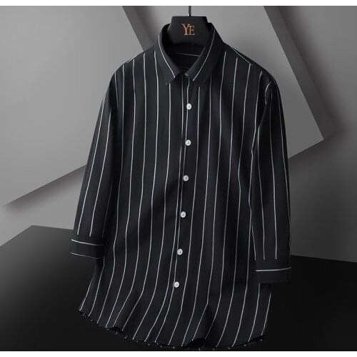 Young MenThree Quarter Single Breasted Turn Down Collar Three Quarter Long Sleeves Smart Casual Striped T-Shirts