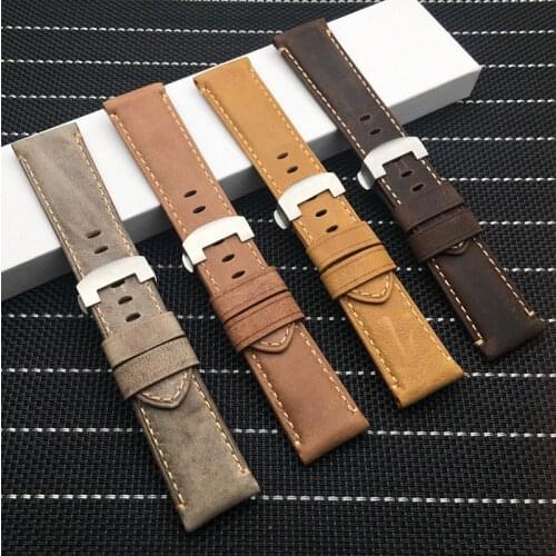 24mm Brown Retro Crazy horse real leather Watchband For Panerai strap for PAM441 Bracelet Butterfly Buckle watch band