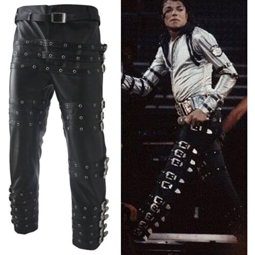 Retro MJ Michael Jackson Punk Rock BAD Concert Performance Imitate Leather Trousers Pants Chaparajos