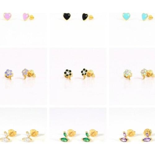 CANNER Stud Earrings 925 sterling silver Small Piercing With Pink Heart Purple Flower Dropping Oil Earrings For Women Lovely