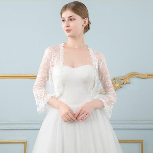 Morden Lace 3/4 Sleeves Wedding Appliques Bridal Bolero Jacket Open Front Lace Women Formal Wear Wrap