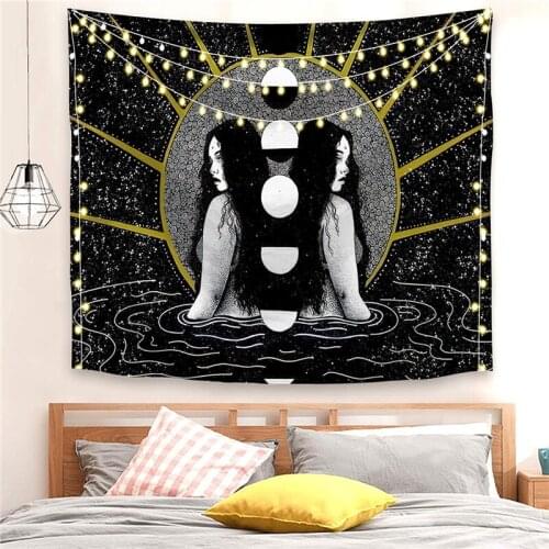 Magical Witchcraft Black White Tapestry Wall Hanging Bed Room Dorm Rectangle Personality Home Decor Tree Owl Moon Phase Tapiz
