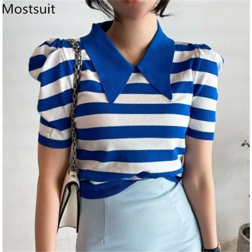 Summer Korean Striped Knitted Pullover Sweater Women Short Sleeve Turn-down Collar Slim Tops Casual Fashion Ladies Jumpers 2021