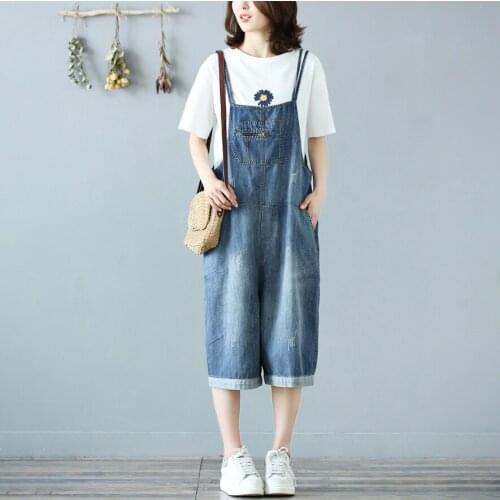 Women Summer Calf Length Denim Jumpsuits Ladies Vintage Bleached Denim Overalls Female 2020 Denim Ropmers