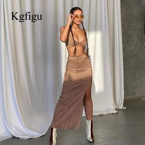 KGFIGU 2021 Summer New Arrival Two Piece Set Women Bikini Top And Slit Long Skirt Striped Fashion Elegant Sexy Long Skirts Suits