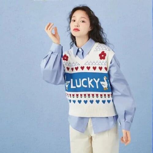 Sweater Vest Women 2021 Korean Style Cute Luckly Goose Flowers Hearts Sleeveless Pullover Knitted Tank Tops Waistcoat T653