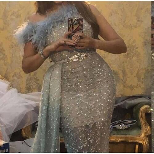 2019 Fashion One Shoulder Silver Bling Bling Glitter Fabric Short Sleeve Mermaid Prom Dresses