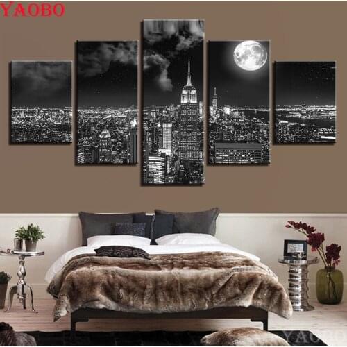 5pcs 5d diy diamond painting cross stitch full round square diamond embroidery City Night Brightly Moon Landscape diamond mosaic