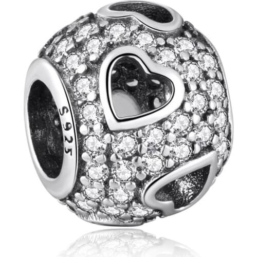 Authentic S925 Silver Bead DIY Jewelry Tumbling Hearts Charm fit Lady Bracelet Bangle Clear CZ Girl Gift